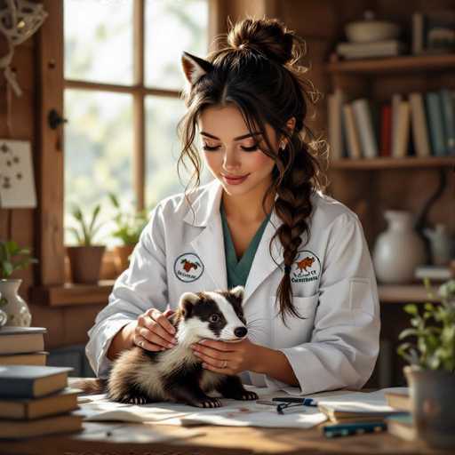 A young woman in a white lab coat is gently holding a ferret, examining it with a soft smile. The woman has long, dark hair styled in a braided ponytail and is wearing delicate earrings. She's sitting at a wooden desk with various books, papers, and medical supplies scattered around. The background features a window with natural light streaming in, illuminating the scene. The overall atmosphere is warm and professional, suggesting a veterinarian or animal care specialist in their workspace.