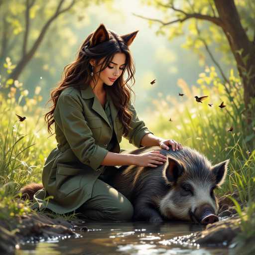 A beautiful woman with long, flowing brown hair and fox ears is gently petting a wild boar in a serene forest setting. The woman is wearing a green jumpsuit and has delicate earrings. She's kneeling beside a shallow, clear stream with sunlight dappling on the water's surface. Several small birds are flitting around, adding to the peaceful atmosphere. The overall style is a blend of fantasy and realism, with soft lighting and a focus on the gentle interaction between the woman and the boar.