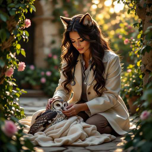 A woman with long, wavy brown hair and a warm smile is gently holding an owl in her arms. She's wearing a light beige coat with cat-ear-shaped headphones, and a stethoscope around her neck. She's kneeling on a stone surface surrounded by lush greenery and pink flowers, bathed in soft sunlight. The scene is peaceful and serene, suggesting a caring interaction between the woman and the owl.