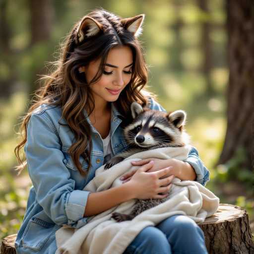 A young woman with long, wavy brown hair and a warm smile is gently holding a raccoon in her arms. She's wearing a light blue denim jacket, a white t-shirt, and blue jeans. The raccoon is snuggled into a soft, cream-colored blanket, looking content in her arms. The background is softly blurred, suggesting a natural outdoor setting with trees and sunlight filtering through the leaves. The woman's eyes are looking down at the raccoon, conveying a sense of tenderness and affection for the animal. The overall lighting is soft and warm, creating a peaceful and intimate atmosphere.