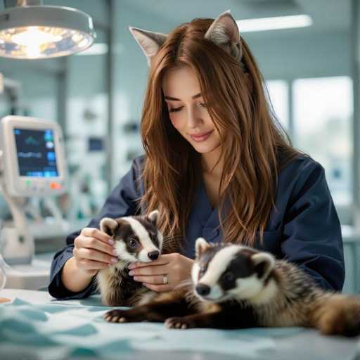 A young woman with long, wavy brown hair and a gentle smile is tenderly holding two adorable ferret kits. She's wearing a dark blue medical coat and has on a pair of cute, furry ferret-ear headphones. The ferrets are lying comfortably on a light blue surface, their soft fur visible. The background is softly blurred, suggesting a veterinary clinic setting with medical equipment and a bright, clean environment. The overall lighting is soft and warm, highlighting the gentle interaction between the woman and the animals.