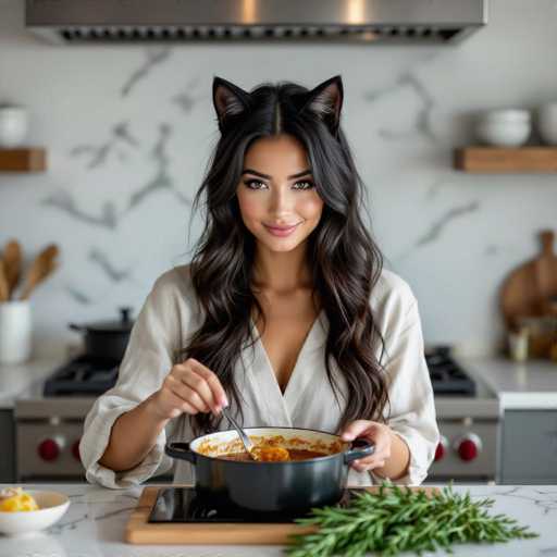 In this captivating photograph, a young woman with long, dark brown hair and striking green eyes is seen cooking in a modern kitchen. She is wearing a white V-neck shirt and has playful cat ears adorning her head, adding a whimsical touch to her appearance. The woman is standing at a sleek, white marble countertop, which features a black stovetop. She is holding a large black pot with a white interior, stirring a thick, brownish-red stew with a silver spoon. The stew appears rich and hearty, with visible chunks of food. 

To the right of the pot, there is a small bowl filled with a yellow substance, possibly corn or another ingredient, and a green leafy garnish adds a fresh touch to the scene. The background reveals a stylish kitchen with a white wall accented by black lines, a silver vent hood above the stove, and wooden shelves holding various kitchen items. The overall ambiance is one of a contemporary, well-equipped kitchen, with the focus on the woman's engaging and cheerful cooking process.