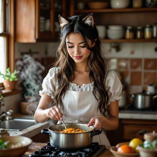 In this captivating photograph, a young woman is seen cooking in a cozy kitchen. She is wearing a white apron over a short-sleeved white shirt, and her long brown hair cascades down to her waist. Adding a whimsical touch to her appearance, she sports a pair of cat ears on her head. She is standing at a black stove, stirring a pot with a silver spoon, which contains a vibrant mixture of orange and yellow vegetables. The kitchen around her is warm and inviting, with a stainless steel sink visible to the left and a countertop adorned with various fruits, including oranges and lemons. The background is slightly blurred, but you can make out a shelf filled with plates and jars, adding to the homey atmosphere. The woman's eyes are closed, and she is smiling softly, seemingly lost in the peaceful moment of cooking.