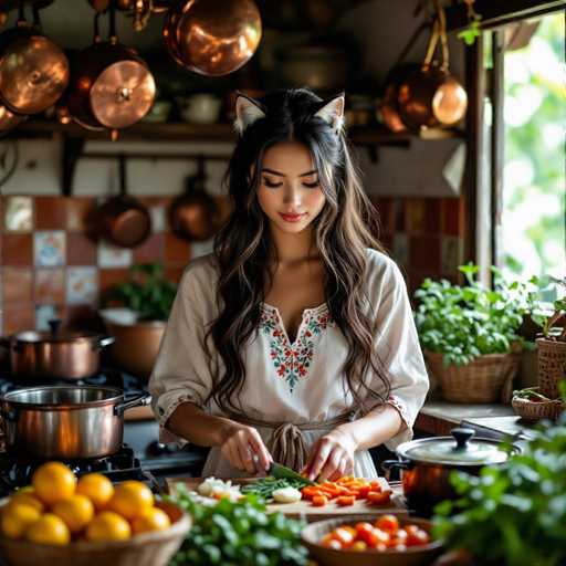 In this vibrant and detailed photograph, a young woman with long, dark brown hair adorned with cat ears is captured in the midst of cooking in a cozy kitchen. She is wearing a white blouse with a V-neck, decorated with a floral pattern of red and green leaves, and a brown belt tied around her waist. Her eyes are closed, and she is looking down at the wooden cutting board in front of her, where she is chopping carrots with a knife. The kitchen around her is bustling with activity, featuring numerous copper pots hanging from the ceiling and others placed on the stove. To her left, a basket of oranges adds a pop of color, while to her right, a window lets in natural light, illuminating the scene. The countertop is cluttered with various ingredients and cooking utensils, including a bowl of tomatoes and other green vegetables. The background is slightly blurred, emphasizing the woman and her culinary focus, while the overall atmosphere exudes warmth and homeliness.