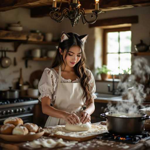 In this detailed photograph, a young woman with long, dark brown hair is captured in the midst of baking in a cozy kitchen. She is adorned with whimsical cat ears, adding a playful touch to her appearance. Her attire includes a white blouse with puffy sleeves and a lace collar, complemented by a white apron. The woman is focused on kneading dough on a wooden cutting board, surrounded by various baking ingredients and tools. To her left, a bowl brimming with freshly baked rolls sits on the counter, while to her right, a black pot with a lid is simmering on the stove, emitting steam. The kitchen is well-lit by natural sunlight streaming through a window above a sink in the background, and a chandelier hangs from the ceiling, adding a touch of elegance to the scene.