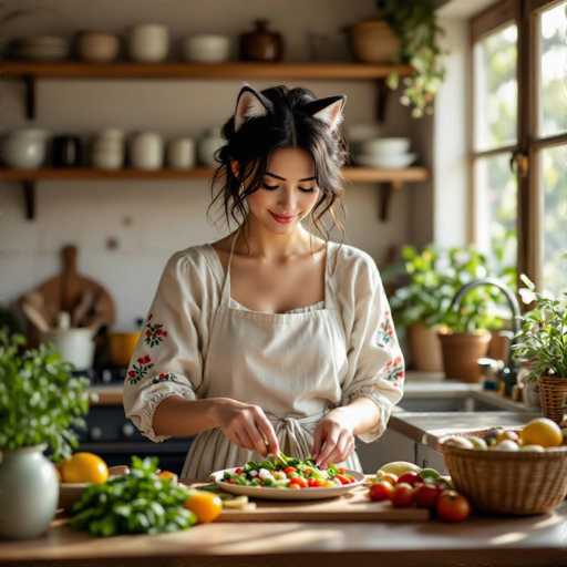 A young woman with dark, wavy hair adorned with cat ears is happily preparing a colorful salad in a bright kitchen. She wears a light, embroidered apron and is carefully chopping vegetables on a wooden cutting board. The kitchen is filled with fresh ingredients, including lemons and herbs, creating a warm and inviting atmosphere.