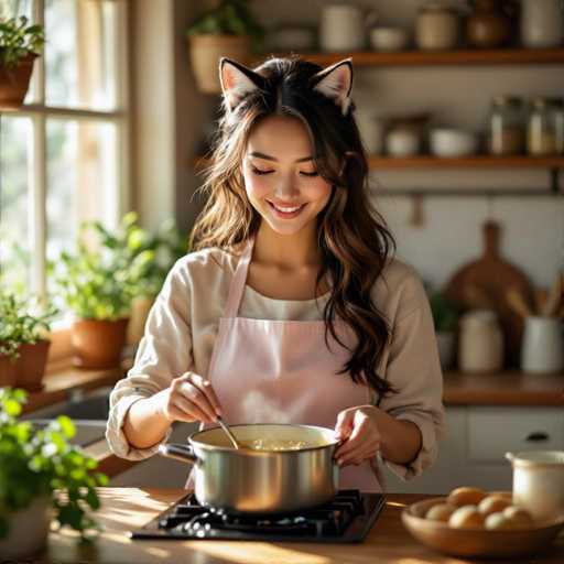 In this vibrant and detailed photograph, a young woman with long, dark brown hair and cat ears is captured in the midst of cooking in a cozy kitchen. She is wearing a pink apron over a beige shirt, and her eyes are closed as she smiles warmly, holding a pot with one hand and a spoon with the other, stirring a yellowish liquid inside. The kitchen is bathed in natural light streaming through a window on the left, which is adorned with several potted plants. The background features shelves filled with various kitchen items, including jars, bowls, and a wooden spoon hanging from a rack. On the countertop, there is a bowl of eggs and a white container, adding to the scene's homely atmosphere. The overall image is bright and clear, highlighting the woman's joyful expression and the inviting ambiance of the kitchen.