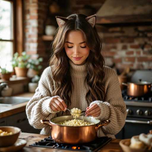 In this detailed photograph, a young woman with long, wavy brown hair and cat ears is seen cooking in a cozy kitchen. She is wearing a beige turtleneck sweater and is focused on stirring a pot of creamy macaroni and cheese with a spoon. The pot, which is copper-colored, sits on a black gas stove with a visible flame underneath. The kitchen features a brick wall backdrop, a window with a wooden frame, and a countertop adorned with a bowl of food and a plant. To the right of the stove, there is a sink with a dish rack and a coffee cup. The overall scene captures a warm and inviting atmosphere, highlighting the woman's concentration on her culinary task.