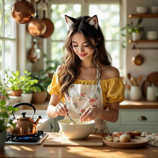 A young woman with cat ears and long, wavy hair is happily baking in a bright kitchen. She wears a yellow apron over a white dress adorned with floral embroidery, and her hands gently stir ingredients in a large bowl. The kitchen is filled with sunlight, potted plants, and copper cookware, creating a warm and inviting atmosphere.