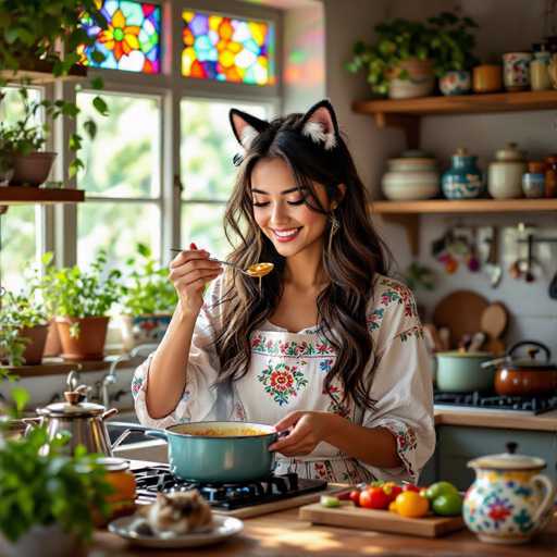In this vibrant and detailed photograph, a young woman with long, wavy brown hair and cat ears is captured in a cozy kitchen setting. She is wearing a white blouse adorned with floral patterns and is smiling warmly as she looks down at a spoonful of what appears to be a yellowish-orange liquid, possibly soup or sauce. The kitchen is bathed in natural light streaming through a large window with stained glass accents, creating a warm and inviting atmosphere. 

The woman stands at a wooden countertop, which is cluttered with various kitchen items, including a cutting board with colorful vegetables like tomatoes and peppers, a white pitcher, and a plate. Behind her, a stove with a blue pot sits on the counter, and shelves above it hold an assortment of kitchenware and plants. The scene is further enriched by the presence of a teapot and a collection of plants on the windowsill, adding a touch of greenery to the space. The overall composition captures a moment of culinary creativity and domestic comfort.