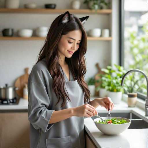 A woman with long, wavy brown hair and a cat-ear headband is happily preparing a salad at a kitchen sink. She's wearing a gray, loose-fitting apron and is gently tossing fresh greens with a fork. The kitchen has a clean, modern aesthetic with white countertops and wooden shelves displaying various kitchenware. Natural light streams in from a window, highlighting the scene with a soft, warm glow. The overall style is bright and inviting, emphasizing a cozy, everyday moment of domestic activity.
