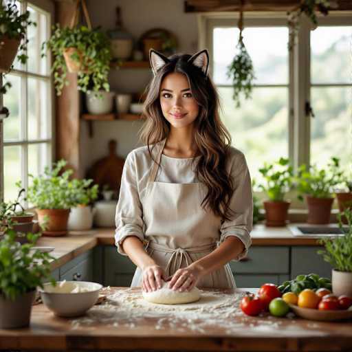 In this vibrant color photograph, a young woman with long, wavy brown hair and a cheerful smile stands at a wooden kitchen counter, her hands actively kneading a ball of dough. She is dressed in a light beige apron, and atop her head, she wears whimsical cat ears, adding a playful touch to the scene. The kitchen is bathed in natural light streaming through two large windows in the background, which offer a picturesque view of lush green hills outside. The windows are adorned with hanging plants, contributing to the room's fresh and inviting atmosphere. The counter in front of her is dotted with various kitchen essentials, including a bowl of flour, a bowl of colorful vegetables, and a potted plant, enhancing the cozy, homey feel of the space.