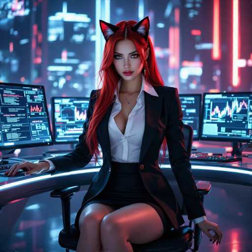 A woman with vibrant red hair and cat ears sits at a futuristic, glowing desk in a neon-lit control room. She wears a sharp black suit and a white blouse, intently focused on multiple computer screens displaying complex data. The overall style is cyberpunk, emphasizing a blend of technology and a dark, digital aesthetic.