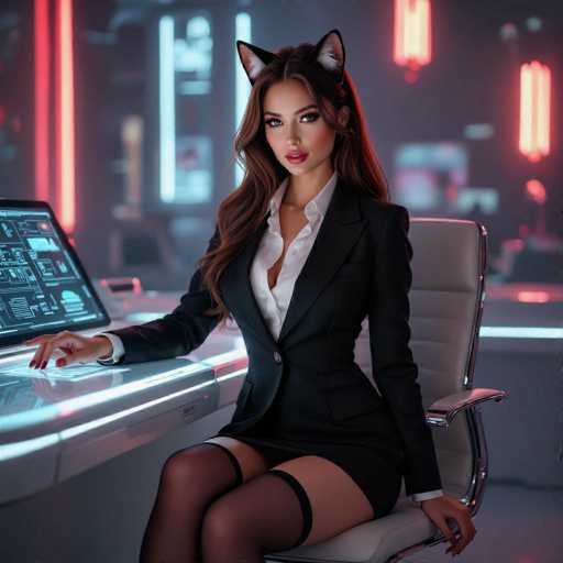 A highly detailed, computer-generated image depicts a young woman in a futuristic, high-tech setting. She is seated on a sleek, white leather chair with silver armrests and a silver frame, positioned in front of a glass desk. The desk features a glowing blue outline and is adorned with a tablet displaying intricate diagrams and graphs. The woman is dressed in a black business suit paired with a white button-up shirt, the top two buttons of which are undone, revealing a hint of cleavage. Her attire is completed with thigh-high black stockings and garters. She has long, wavy brown hair cascading down her shoulders and wears striking cat ears with black outlines and white centers. Her makeup is meticulously applied, with pink lipstick and dark eyeshadow accentuating her features. The background is a blur of neon lights in hues of red, white, and blue, adding to the high-tech ambiance. The woman's left hand rests on the chair's armrest, while her right hand is placed on the desk, her fingers splayed out.