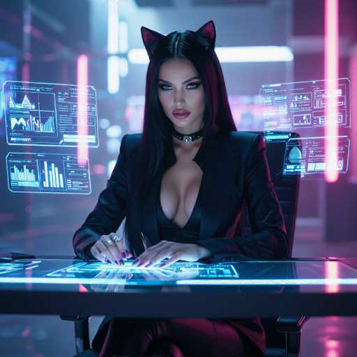 The image depicts a highly realistic, AI-generated woman with long, straight black hair and cat ears, sitting at a glass desk in a futuristic setting. She is wearing a low-cut black shirt and a black blazer, accessorized with a black choker necklace. Her hands, adorned with rings and pink nail polish, rest on the desk, which features a glowing blue line. The background is blurred but illuminated with neon pink and blue lights, enhancing the high-tech ambiance. Surrounding her are holographic displays showing various graphs and charts, including bar graphs and line graphs, adding to the scene's complexity. The woman, with her striking blue eyes and pink lips, gazes directly at the viewer, creating an intense and captivating focal point.