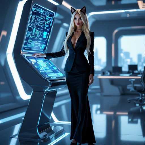In this captivating image, a woman stands confidently in front of a sleek, futuristic touch screen. She is dressed in a striking black dress that features a daringly low neckline, revealing a significant portion of her chest. Her long, flowing blonde hair cascades down, contrasting beautifully with her dark attire. Adding a whimsical touch to her appearance, she sports a pair of cat ears atop her head. Her right hand rests on the touch screen, which is illuminated with a soft blue glow, displaying various diagrams and information. The background is slightly blurred, but it hints at a modern office setting with a desk and computer chair visible. The woman's gaze is directed straight at the camera, exuding a sense of poise and self-assurance.