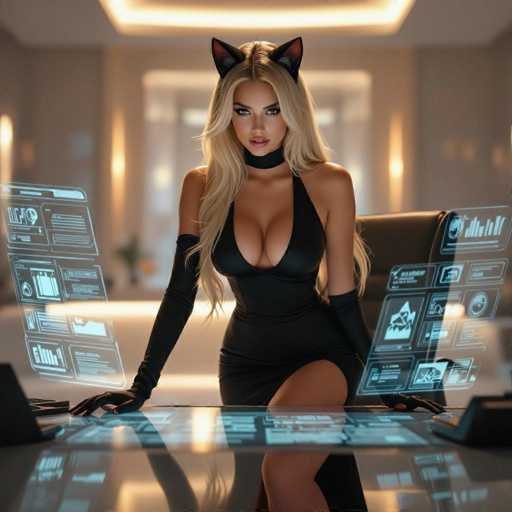 In this digitally enhanced image, a woman with long blonde hair cascading down her shoulders is seated in a sleek black chair. She is wearing a form-fitting black dress that accentuates her figure, paired with long black gloves that extend up to her biceps. Her striking blue eyes and black cat ears add a whimsical touch to her appearance. The woman is positioned in front of a glass desk, which is adorned with holographic displays on either side, featuring intricate blue and white diagrams and text. The background is softly blurred, highlighting the woman as the focal point of the image.