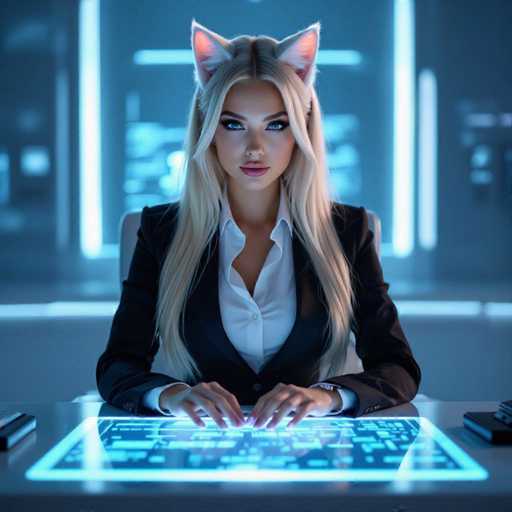 In this captivating image, a woman is seated at a desk, her hands resting on a futuristic, glowing blue touchpad. She is dressed in a sleek black suit jacket over a white button-up shirt, exuding a professional yet modern vibe. Her long blonde hair cascades down her shoulders, and she sports striking blue eyes and pink lips. Adding a whimsical touch to her appearance, she wears cat ears on her head, which are white with pink insides. The background is a blend of gray and blue hues, illuminated by various lights, creating a futuristic ambiance. The desk itself is gray, with a black object positioned to the left of the touchpad and a black and white object to the right. The woman gazes directly at the camera, her expression neutral, adding an air of mystery to the scene.
