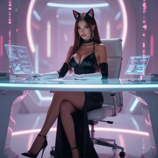 In this captivating image, a woman is seated at a sleek, futuristic desk, exuding an air of sophistication and allure. She is adorned in a striking black leather dress that accentuates her figure, paired with elegant white gloves that extend up to her elbows. Her ensemble is completed with black high heels and a choker necklace, adding to her enigmatic charm. Her long, dark hair cascades down her back, and atop her head, she wears playful cat ears, adding a whimsical touch to her otherwise sleek appearance. She sits in a white chair, her legs crossed, with one hand resting on the desk and the other placed on a piece of paper. The desk itself is modern, featuring a transparent surface with a glowing blue light along its edge. Flanking her are two holographic displays, one on each side, presenting an array of data and graphs. The background is a mesmerizing blend of pink and purple hues, illuminated by neon lights that enhance the futuristic ambiance of the scene.