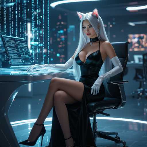 In this captivating image, a woman is seated in a sleek black chair, exuding an air of sophistication. She is adorned in a striking black dress that features a daringly low neckline, revealing a generous amount of cleavage. The dress is form-fitting, accentuating her figure, and extends into a long, flowing tail that drapes elegantly to the floor. Her ensemble is complemented by long, white gloves that reach up to her biceps, adding a touch of contrast to her attire. She completes her look with black high heels and a choker necklace that adds a touch of edginess.

Her long, flowing white hair cascades down her back, and atop her head, she wears whimsical cat ears, adding a playful element to her otherwise elegant appearance. She is seated at a desk, her hands resting on a sleek black laptop, suggesting a blend of modernity and mystery. The background is a blur of colors and lights, creating an almost dreamlike atmosphere that enhances the enigmatic allure of the scene.