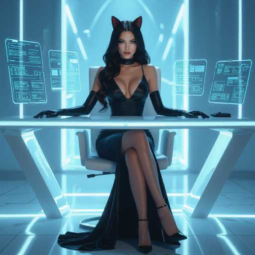 A woman with long black hair and cat ears sits at a futuristic, glowing white desk in a neon-lit room. She wears a black, low-cut dress and black gloves, holding a stylus. Multiple holographic displays float above the desk, showing complex data visualizations. The overall style is cyberpunk and digital, with a focus on sleek lines and vibrant blue lighting.