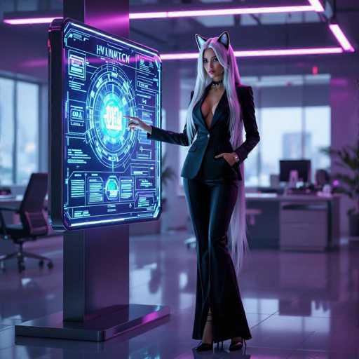 In this digitally rendered image, a woman stands confidently in a sleek, modern office environment. She is dressed in a striking black pantsuit, which features a daringly low neckline that plunges down to her belly button, revealing a hint of cleavage. Her long, flowing white hair cascades down her back, and atop her head, she sports playful cat ears. The woman's right hand points towards a large, illuminated screen that dominates the left side of the image. The screen displays a complex diagram with a central circle surrounded by smaller circles, all glowing in a vibrant blue hue. The background of the image is bathed in a soft purple light, emanating from the ceiling, which adds to the futuristic ambiance. The floor is a pristine white, reflecting the light and enhancing the room's modern aesthetic. In the background, a desk equipped with a computer monitor is visible, along with a black office chair positioned to the left, completing the scene.
