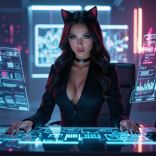 The image depicts a highly realistic, AI-generated scene of a woman seated at a desk in a futuristic, high-tech environment. She has long, wavy black hair with striking red highlights and is adorned with cat ears. Her attire is a low-cut black blazer that reveals a significant amount of cleavage, complemented by a choker necklace. The woman is seated in a black leather chair, with her hands resting on a transparent glass desk that features intricate blue circuitry and diagrams. Surrounding her are holographic displays, including a graph on the left and a bar chart on the right, all illuminated in blue. The background is a blend of dark blue and purple hues, with additional holographic elements and neon lights, enhancing the sci-fi ambiance of the scene.