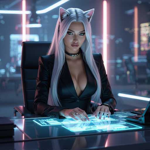 The image depicts a highly realistic, AI-generated female character with long, flowing white hair and striking cat ears. She is seated at a desk, her hands poised over a transparent glass surface that emits a soft blue glow, suggesting she is typing or interacting with a holographic interface. The character is dressed in a sleek black leather jacket, which contrasts with her fair complexion and vibrant pink lips. Her eyes are accentuated with heavy eye makeup, adding to her captivating appearance. The background is a blurred mix of pink and white lights, creating an ethereal, futuristic ambiance. The overall scene exudes a sense of high-tech sophistication and digital immersion.