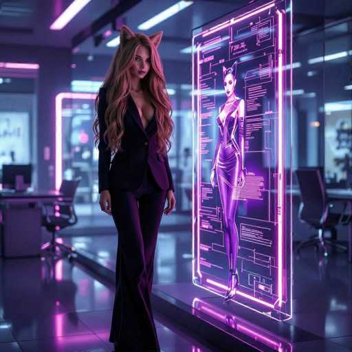 In this captivating image, a woman stands confidently in a sleek, futuristic office adorned with neon pink and purple lighting. She is dressed in a striking purple pantsuit that accentuates her long, flowing hair and adds a touch of mystery with her fox-like ears. Her outfit is complemented by a low-cut top that reveals a hint of cleavage, adding to her allure. 

To her right, a holographic display showcases a digital rendering of her in a form-fitting, purple catsuit, complete with matching gloves and high heels. The hologram is surrounded by intricate diagrams and text, suggesting a blueprint or design plan. The woman's serious expression and direct gaze at the camera enhance the image's intensity, making it a visually arresting scene that blends high fashion with futuristic technology.