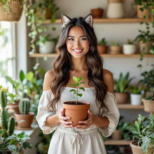 In this vibrant and whimsical photograph, a young woman with long, wavy brown hair cascading past her shoulders stands in a sunlit room filled with an array of potted plants. She is wearing a flowing, off-the-shoulder white dress that cinches at the waist with a delicate tie. Her radiant smile is directed at the camera, exuding warmth and joy. Adding a playful touch to her appearance, she sports a pair of white cat ears with pink centers perched atop her head. In her hands, she holds a small terracotta pot containing a thriving green plant with four leaves, symbolizing new growth and life. The background is a lush tapestry of various plants, including cacti and other greenery, all arranged on shelves and a table, creating a serene and natural ambiance. The sunlight streaming in from the left side of the image enhances the overall brightness and cheerful atmosphere, making it a captivating and heartwarming scene.