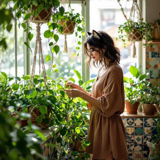 In this detailed photograph, a young woman with shoulder-length dark hair and a light complexion stands in a sunlit room filled with potted plants. She is wearing a loose-fitting, light brown dress with long sleeves that reach her elbows, and a belt cinches her waist. Her outfit is complemented by cat-ear headband, giving her a playful yet elegant appearance. The woman is positioned in front of a large window with a white frame, through which sunlight streams, illuminating the room and casting a warm glow on her and the surrounding greenery. She is intently tending to a plant, her hands gently touching its leaves. The room is adorned with various potted plants, some hanging from the ceiling and others placed on a table or shelf behind her. The background features a wall decorated with intricate tiles in shades of blue, white, and brown, adding a touch of artistic flair to the serene setting.