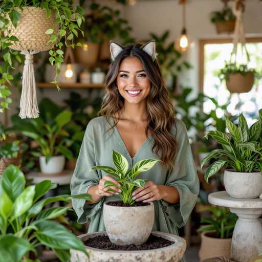 A smiling woman with long, wavy brown hair and cat ears is holding a small potted plant in a lush, plant-filled shop. She's wearing a light green, flowy top and is positioned in the center of the frame. The background is filled with various plants, creating a bright and inviting atmosphere. The overall style is warm and natural, emphasizing the connection between people and nature.
