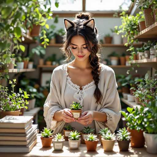 In this vibrant and detailed photograph, a young woman with long, dark brown hair styled in a half-up, half-down fashion with a braid cascading over her left shoulder stands at the center of a lush indoor greenhouse. She is adorned in a white, lacy top with a beige shawl draped over her shoulders, and her hair is topped with playful cat ears. Her eyes are closed as she looks down at a small succulent plant she holds in her hands, surrounded by an array of potted plants. The table in front of her is filled with various succulents, while the background reveals shelves brimming with larger plants, creating a rich tapestry of greenery. To her left, a stack of books adds a touch of intellectual charm to the scene. The overall ambiance is one of serene focus and natural beauty, with the woman's gentle expression and the thriving plants around her creating a harmonious and inviting atmosphere.