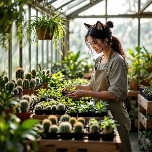 In this vibrant greenhouse, a young Asian woman is captured in a moment of serene focus as she tends to an array of cacti and succulents. She is dressed in a gray shirt with rolled-up sleeves and a light brown apron, her long brown hair styled in two buns with cat ears playfully protruding from the top. Her hands are gently cradling a small black pot filled with tiny green plants, as she inspects them closely. The greenhouse around her is a lush paradise, with sunlight streaming through the glass windows, illuminating the diverse collection of plants. To her left, a variety of cacti, including prickly and round species, are neatly arranged in pots. In front of her, wooden crates hold more plants, while a hanging fern adds a touch of greenery above. The background is softly blurred, highlighting the woman and her botanical surroundings.