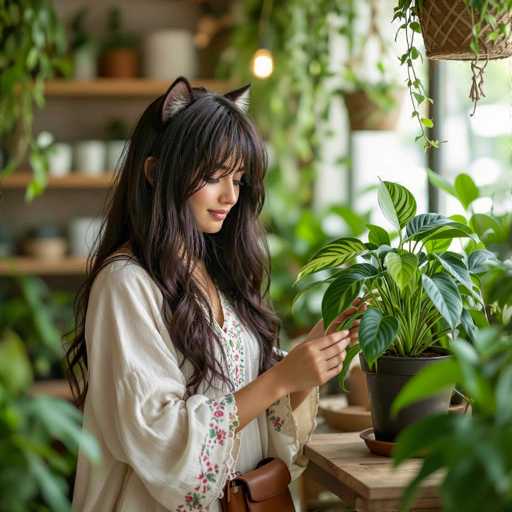 A young woman with long, dark brown hair adorned with cat ears is standing in a lush plant shop. She is wearing a white dress with floral patterns on the sleeves and chest, and a brown leather purse hangs from her waist. Her eyes are closed as she gently touches the leaves of a green plant in a black pot placed on a wooden table in front of her. The background is filled with various plants, including hanging ones, and wooden shelves stocked with more greenery. A window in the back allows natural light to illuminate the serene scene.