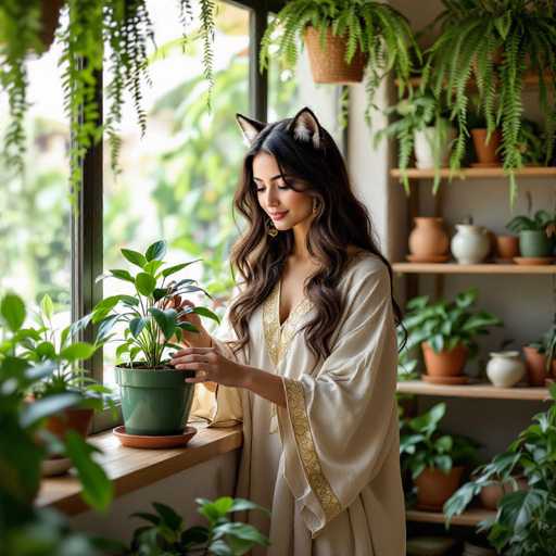 In this captivating image, a woman is seen tending to a lush green plant with vibrant leaves, which is housed in a green pot. She is dressed in a long, flowing white gown adorned with elegant gold trim along the neckline and sleeves. Her long, dark brown hair cascades down her back, and she wears striking gold earrings. Adding a whimsical touch to her appearance, she sports a pair of cat ears, white with pink centers, perched atop her head. The background reveals a cozy indoor setting with a window framed in black, through which more greenery can be seen outside. To the right, a white wall features a set of brown shelves, each shelf lined with an assortment of potted plants, contributing to the serene and natural ambiance of the scene.