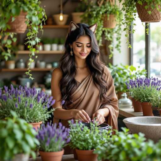 A woman with long, wavy dark hair and cat-ear headphones is gently tending to lavender plants in a plant shop. She's wearing a brown draped garment and gold earrings, her expression serene as she carefully handles the plants. The scene is bathed in soft, natural light, highlighting the vibrant purple of the lavender and the warm tones of the wooden pots. The background features shelves filled with more plants, creating a cozy and inviting atmosphere. The overall style is soft and dreamy, emphasizing the peaceful interaction between the woman and her plants.