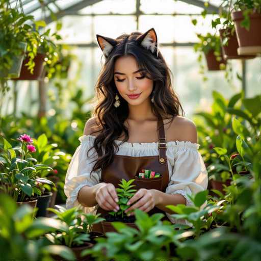In this captivating image, a young woman stands in the center of a lush greenhouse, surrounded by an abundance of greenery. She is wearing a white blouse with puffy sleeves that are rolled up to her elbows, and a brown leather apron adorned with colorful gardening tools in its pockets. Her long, dark brown hair cascades down her shoulders, and she has a pair of whimsical cat ears perched atop her head. Her eyes are closed, and she is smiling gently, with her hands carefully holding a small plant. The greenhouse around her is filled with various plants, including some with pink flowers, and the background is softly blurred, drawing focus to her serene expression and the tender moment she shares with the plant.