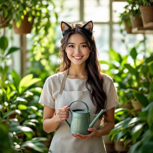 In this captivating photograph, a young woman stands in the center of a lush greenhouse, surrounded by an abundance of greenery. She is holding a light green watering can with both hands, her right hand gripping the handle and her left hand supporting the base. She is dressed in a white apron over a short-sleeved white shirt, and her long brown hair cascades down her left shoulder. Her warm smile is directed at the camera, exuding a sense of joy and contentment. Adding a whimsical touch to her appearance, she wears a pair of cat ears on her head. The background is filled with various plants, some hanging from the ceiling and others placed on the floor, creating a vibrant and serene atmosphere. The sunlight streaming through the greenhouse windows enhances the overall brightness and warmth of the scene.