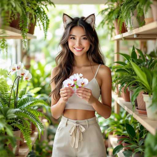 A young woman stands in a lush greenhouse, surrounded by an abundance of greenery. She is dressed in a cropped tank top that reveals her midriff and matching pants, both in a light beige color. Her long, wavy brown hair cascades down, and she wears playful cat ears on her head. She holds a small bouquet of white flowers with yellow centers, possibly orchids, in her hands. The greenhouse around her is filled with various plants, including ferns and other greenery, creating a serene and vibrant atmosphere.