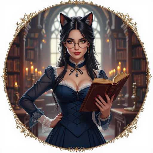 This image features a highly detailed, computer-generated depiction of a young woman, likely in her 20s, set against the backdrop of a grand library. The scene is framed within a circular, gold-bordered design, adding a touch of elegance to the composition. The woman, who has long, dark hair and striking green eyes, is adorned with cat-like ears and wears large, round glasses. Her attire is a blue corset-style dress with intricate lace details on the sleeves and neckline, complemented by a choker necklace. She holds an open book in her left hand, while her right hand rests on her hip, exuding a poised and confident demeanor. The library around her is filled with numerous bookshelves and tables, each adorned with lit candles, casting a warm glow throughout the space. The overall ambiance suggests a blend of fantasy and elegance, reminiscent of characters from fairy tales or anime.