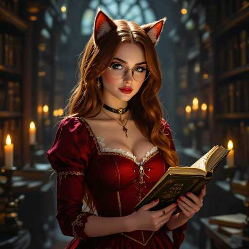 In this captivating image, a young woman with long, flowing red hair and striking red lipstick is depicted in a medieval-style library. She is adorned with cat ears, adding a whimsical touch to her appearance. Her attire is a stunning red dress featuring intricate gold accents and lace detailing around the neckline. The dress has puffy sleeves that taper into a V-shape at the elbows, and it is cut low, revealing a hint of cleavage. Around her neck, she wears a choker with a pendant, and a longer necklace with another pendant hangs below it. She is holding an open book, her eyes directed towards the camera, creating a sense of engagement with the viewer. The background is softly blurred, highlighting the numerous bookshelves and the warm glow of candles scattered throughout the library, enhancing the medieval ambiance.