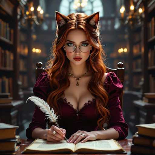 In this captivating image, a young woman with striking red hair and fox-like ears sits poised in a grand library. Her hair cascades down to her chest, framing her face adorned with glasses and vivid red lipstick. She wears a rich burgundy dress with puffy sleeves that reach her elbows, and a necklace featuring a small pendant. Seated at a wooden desk, she holds a quill pen in her right hand, poised over an open book. Her left hand rests gently on the desk, displaying two rings. The library around her is filled with towering bookshelves, chandeliers, and large windows that bathe the scene in natural light, creating a serene and enchanting atmosphere.