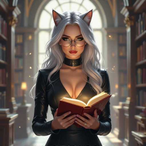 In this captivating image, a woman is seated in a grand library, surrounded by towering bookshelves that stretch from floor to ceiling. She is engrossed in a book that emits a soft, ethereal glow, illuminating her face and the pages. Her striking appearance is accentuated by her long, flowing white hair and a pair of cat ears that peek out from behind her head. She wears a black leather dress that reveals a hint of cleavage, complemented by a choker collar adorned with a small emblem. Her accessories include a pair of glasses, a wedding ring on her left hand, and a small earring in her right ear. The woman's eyes are a mesmerizing green, adding to her otherworldly allure. The book she holds is brown with white pages, and the entire scene is bathed in a warm, yellow light that enhances the magical atmosphere.