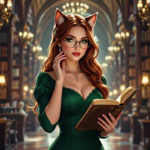 The image depicts a highly detailed, computer-generated illustration of a young woman in her 20s, set in a grand, old library. She has long, wavy red hair and is adorned with cat ears, which are pink on the inside and white on the outside. Her attire includes a green dress with puffy sleeves that reach her elbows, and she accessorizes with a gold necklace featuring a cross pendant, a ring on her right hand, and dangling earrings. She wears round glasses and has red lipstick, adding to her striking appearance. The woman is holding an open book with yellowed pages in her left hand, while her right hand is raised to her chin, as if she is deep in thought. The library around her is vast, with towering bookshelves filled with books, and the space is illuminated by numerous chandeliers and lights. The floor is made of shiny, polished wood, and there are desks and chairs scattered throughout the room. The overall scene exudes a sense of quiet contemplation and intellectual pursuit.