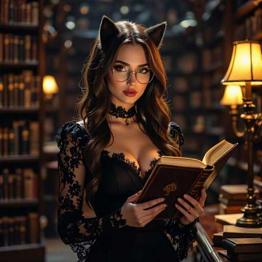 In this captivating image, a woman is seated in a cozy library, surrounded by towering bookshelves filled with an array of books. She is engrossed in reading a brown book, which she holds open with both hands. Her attire is a striking black dress adorned with intricate lace details, featuring a deep neckline that accentuates her cleavage. The dress has delicate lace sleeves and a lace choker around her neck, adding to her elegant appearance. Her long, wavy brown hair cascades down her shoulders, and she wears round glasses that frame her face. Adding a whimsical touch, she sports black cat ears atop her head. The library's warm ambiance is enhanced by the soft glow of lamps on the shelves, creating a serene and inviting atmosphere.