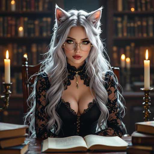 In this captivating image, a woman with striking gray hair and delicate pink ears sits poised at a desk, exuding an air of mystery and allure. Her hair cascades down her shoulders, framing her face, which is adorned with glasses and bold red lipstick. She wears a black lace dress that accentuates her figure, complemented by a choker necklace with a dangling pendant. The desk in front of her is cluttered with books, and she rests her arms on two of them, creating a scene of quiet contemplation. Flanking her on either side are elegant candle holders, each holding a lit white candle that casts a warm glow. The background is a rich tapestry of bookshelves filled with an array of books, adding depth and character to the setting. The woman gazes slightly to her right, her expression serene and thoughtful, as if lost in a moment of reflection or deep concentration.