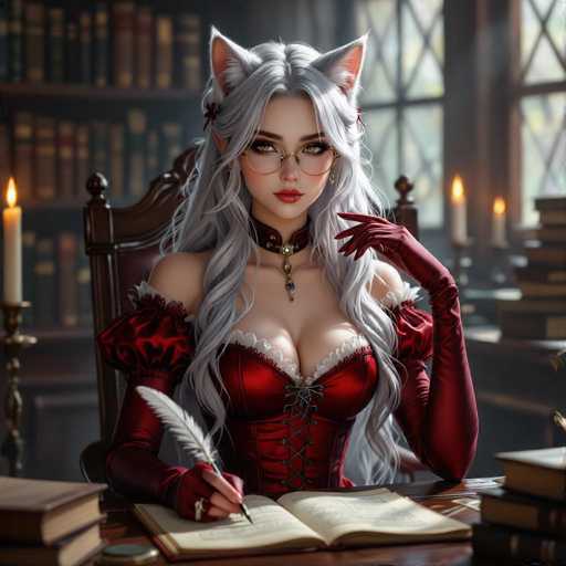 In this captivating image, a woman is seated at a desk, her long gray hair cascading down her shoulders. She wears a striking red dress with puffy sleeves that taper into elegant gloves, and a corset-like bodice adorned with black laces. Around her neck, she sports a choker with a central jewel, adding a touch of regality to her ensemble. Her cat ears, pink on the inside, peek out adorably from her hair. She holds a quill in her right hand, poised over an open book, while her left hand rests thoughtfully on her chin. The background reveals a cozy study, with bookshelves lining the walls and a window to the right. Candles on stands are lit, casting a warm glow that enhances the intimate and scholarly atmosphere of the scene.