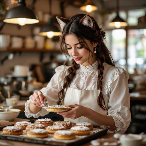 In this captivating photograph, a young woman is meticulously dusting powdered sugar onto a tray of donuts. She is adorned in a white, lacy dress with ruffled sleeves and a high collar, complemented by a white apron. Her long brown hair is styled into two braids that elegantly drape over her shoulders. Adding a whimsical touch to her appearance, she wears a headband with brown and white cat ears. The woman is captured in a moment of serene concentration, her eyes closed as she carefully holds a donut in her right hand and sprinkles sugar with her left. The tray in front of her is filled with donuts, each one perfectly dusted with a layer of white sugar. The background is softly blurred, revealing a cozy kitchen setting with hanging lights, shelves, and various kitchen items, creating a warm and inviting atmosphere.