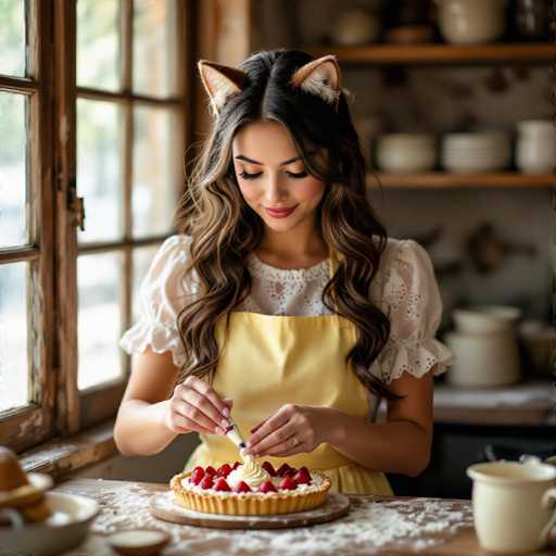 A woman with long, wavy brown hair and cat ears is delicately piping cream onto a strawberry tart. She wears a yellow apron over a white lace top, and her expression is focused and serene as she works in a rustic kitchen setting. The scene exudes a cozy, whimsical atmosphere with soft lighting and a warm color palette.